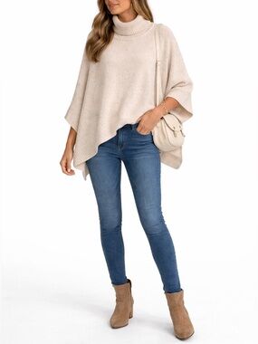 LOFT One Size Sweater Cape | Cream Confetti Knit | Spring Layer
